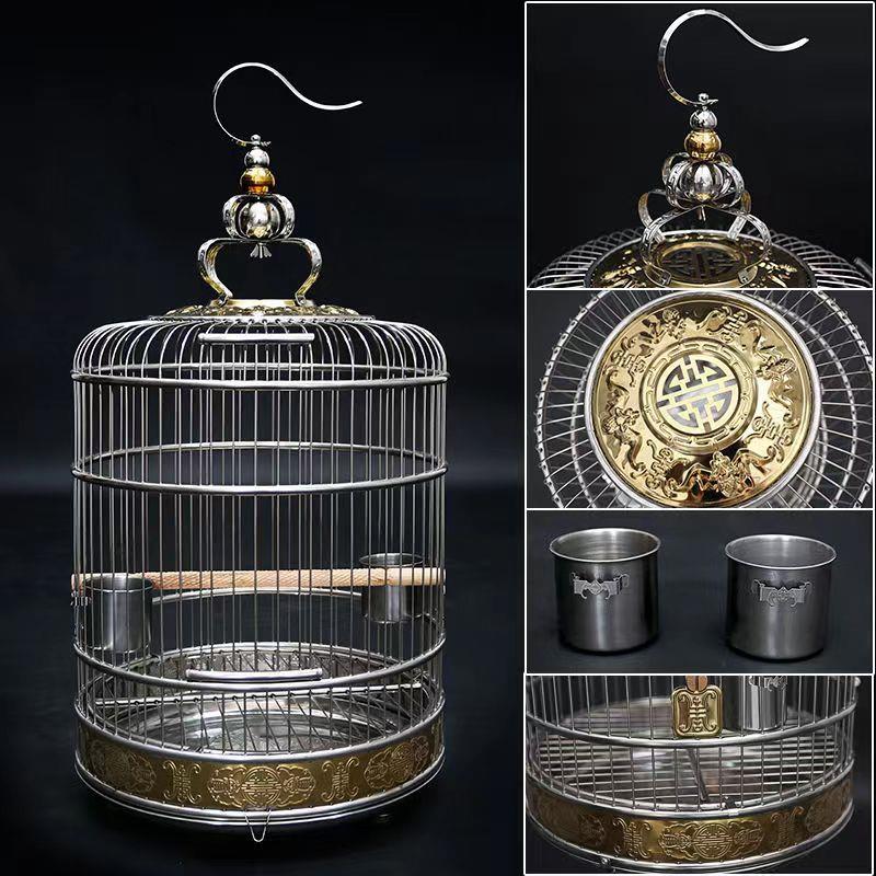 天寿不锈钢鸟笼双福抱金款鹦鹉画眉八哥鹩哥超大号别墅金属鸟笼子