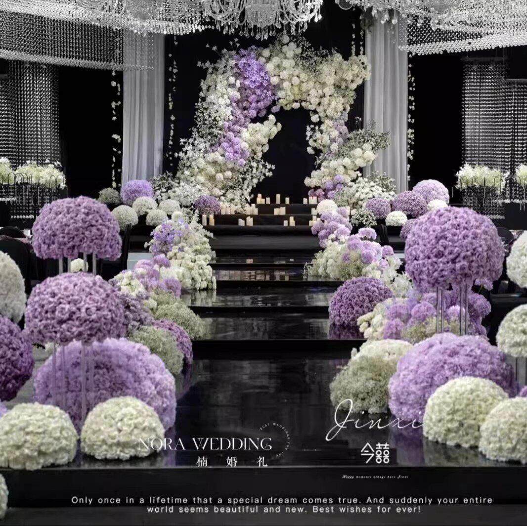 紫色系婚礼仿真花布置全套水晶婚礼堂花球路引花婚庆现场布置道具