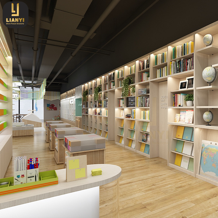 定制大学阅览室图书展柜木质文创图书馆室墙柜带灯书店书柜中岛柜