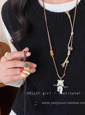 可爱沙皮狗猫咪皮绳吊坠项炼女小众设计感长款毛衣炼挂脖百搭配饰