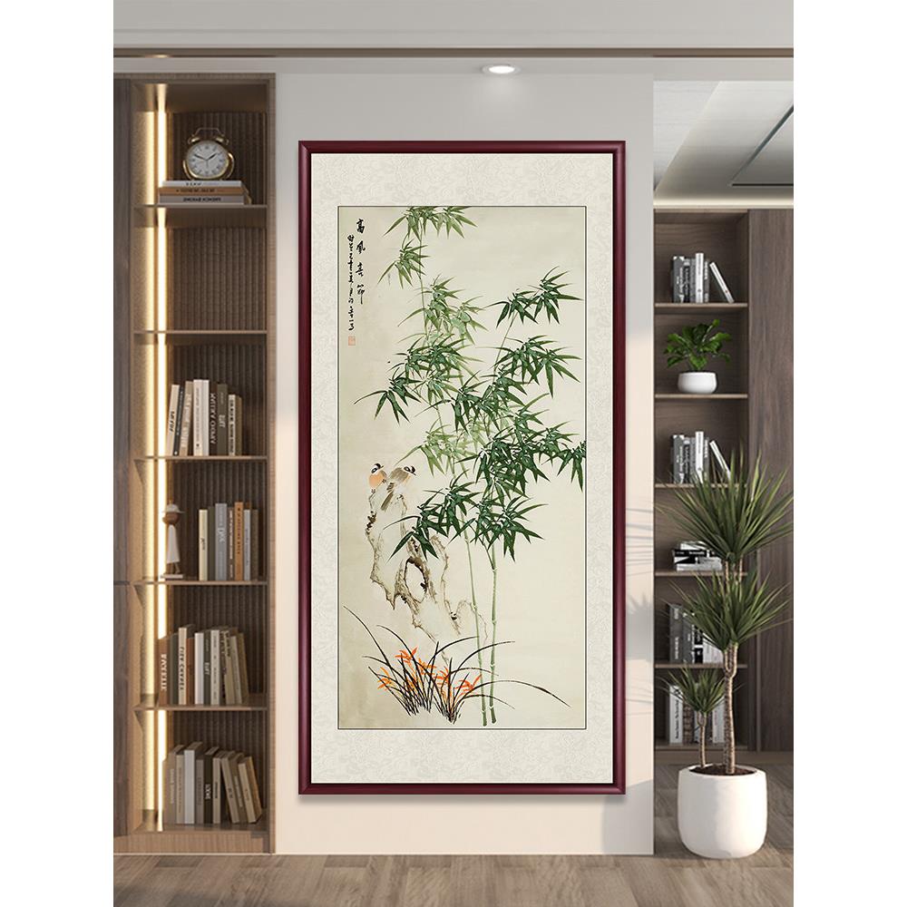 竹报平安竹子水墨画入户玄关装饰画客厅挂画花鸟国画中式竖版壁画