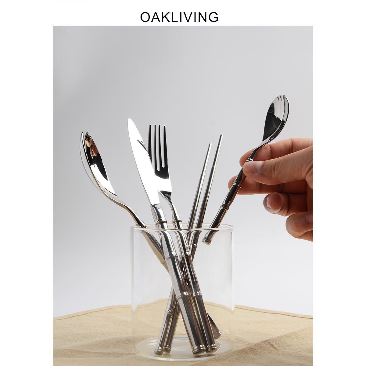 oakliving不锈钢刀叉勺餐具筷子甜品勺套装竹节手柄家用商用牛排