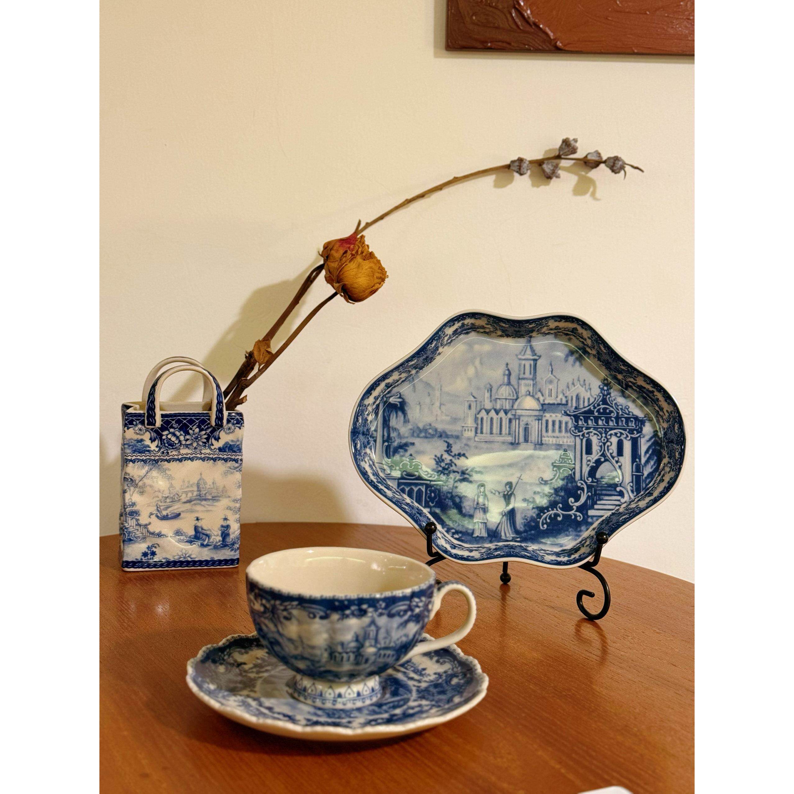 宅物 青花中古蓝色城堡釉下彩甜点盘牛排盘餐盘收藏级