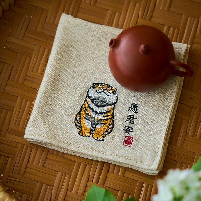 中式国风生肖龙熊猫老虎加厚吸水棉麻茶巾功夫茶道配件茶壶隔热垫图片