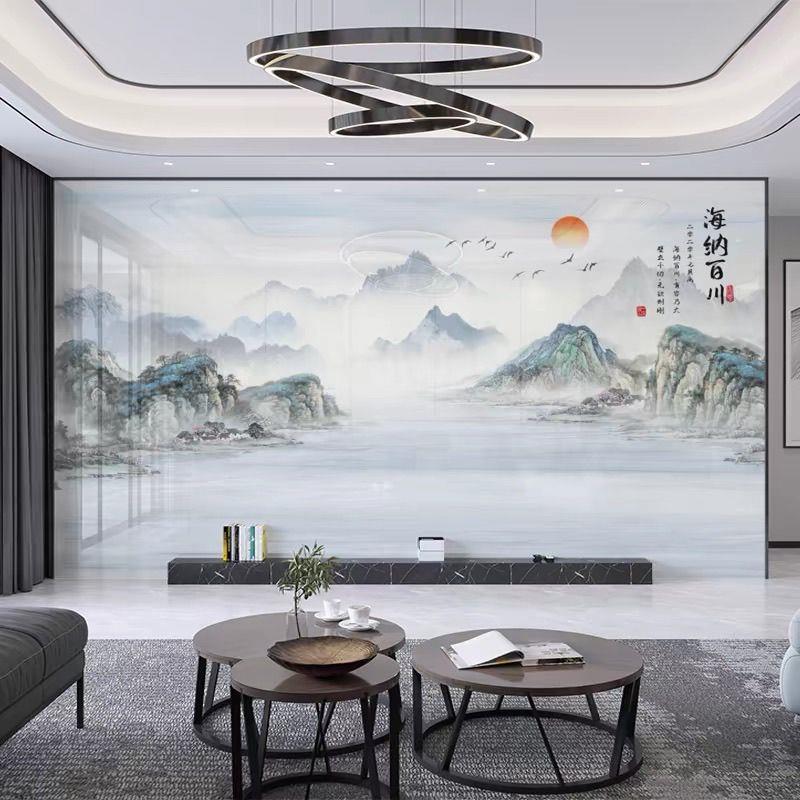 竹木纤维电视背景墙新中式山水画客厅高光碳晶板集成墙面护墙扣板