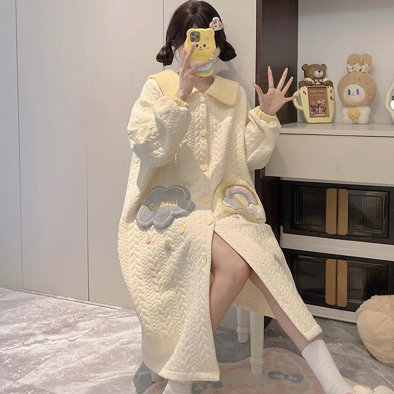 空气棉夹层睡裙睡袍女款春秋冬季长版浴衣加厚可外穿宽松大尺码浴
