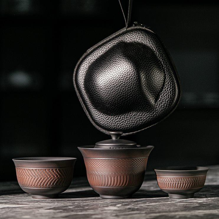 紫陶过滤快客杯户外便携旅行茶具套装一壶两杯泡茶碗旅游露营茶杯