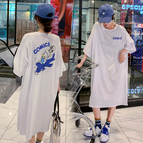 孕妇夏装大码纯棉短袖t恤韩版宽松中长款过膝长裙200斤显瘦连衣裙