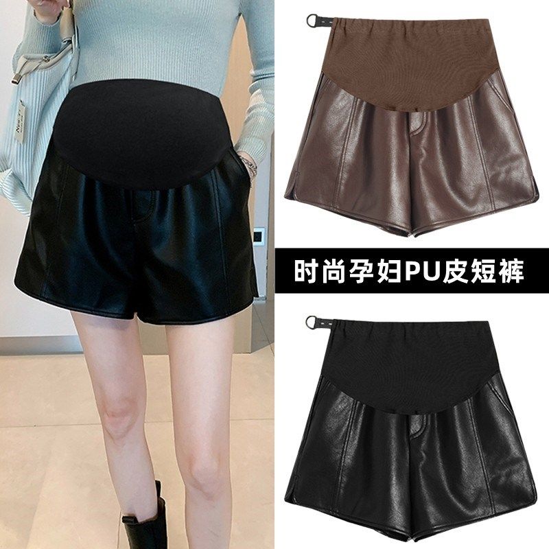 孕妇短裤秋季外穿托腹百搭打底裤冬装高腰时尚黑色阔腿开叉PU皮裤