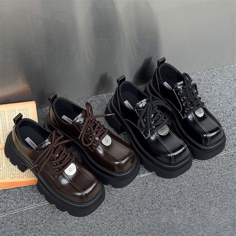 英伦风小皮鞋女2025新款秋冬配裙子小个子增高厚底大头鞋系带单鞋,女鞋,深口单鞋,淘宝优惠券,粉丝福利购,淘宝优惠卷