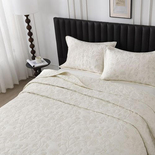 简约复古床盖双面绣花绗缝被三件套纯棉床单床罩夹棉四季裸睡床品