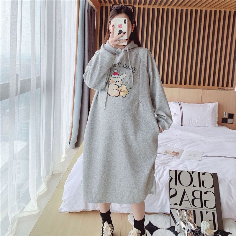 速发2024年新款有口袋冬w季加绒孕妇拉链哺乳口开叉连帽连衣裙