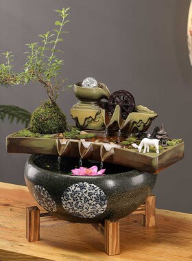 创意招财流水摆件客厅高端装饰品循环水鱼缸配件造景陶瓷悬壶横杠