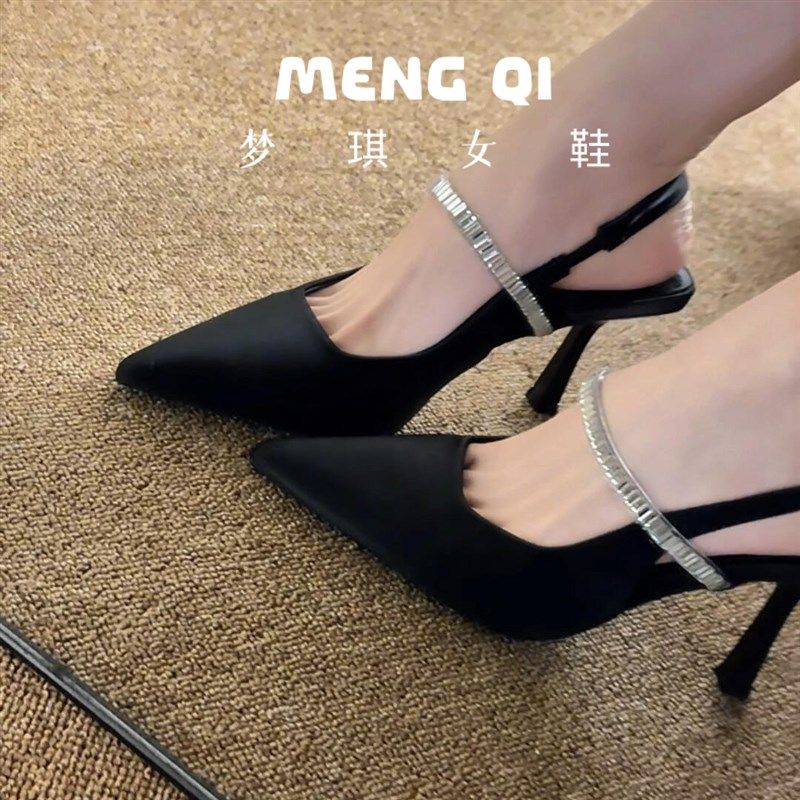 黑色后空水钻高跟鞋百搭配裙子包头凉鞋2025不累脚法式单鞋不掉跟,女鞋,一字带凉鞋,淘宝优惠券,粉丝福利购,淘宝优惠卷