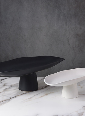 现代新中式北欧创意黑白陶瓷托盘果盘摆件家居样板房软装饰品用品