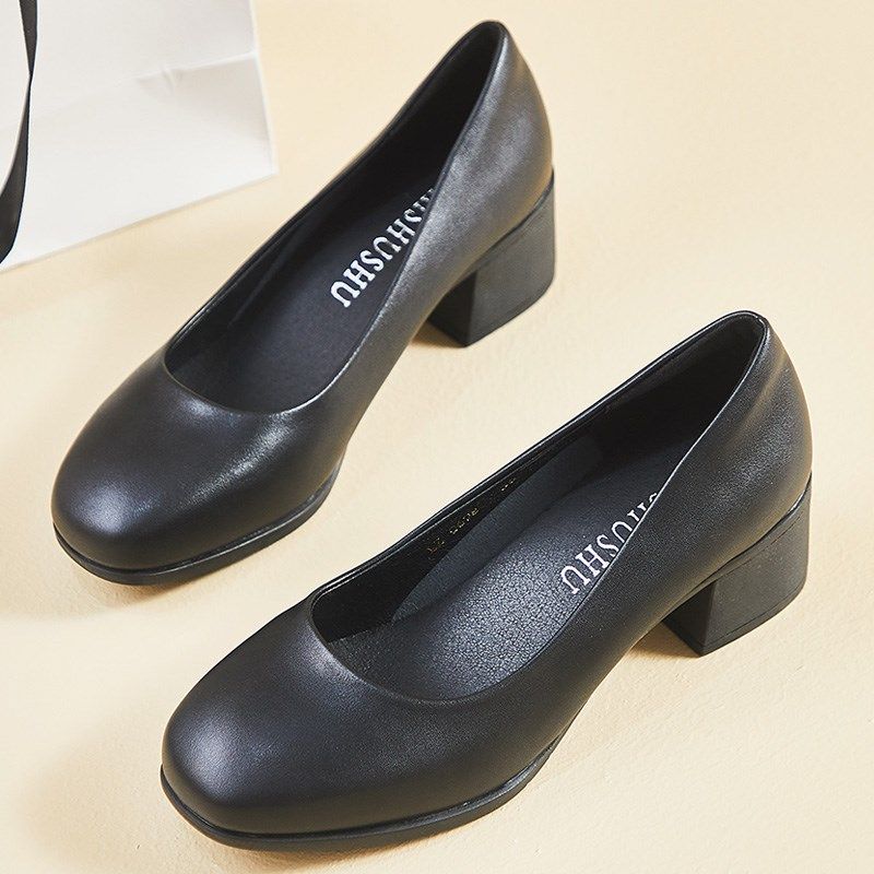 方头粗跟单鞋女全黑通勤中跟女皮鞋软底职业办公室前台黑色工作鞋,女鞋,浅口单鞋,淘宝优惠券,粉丝福利购,淘宝优惠卷