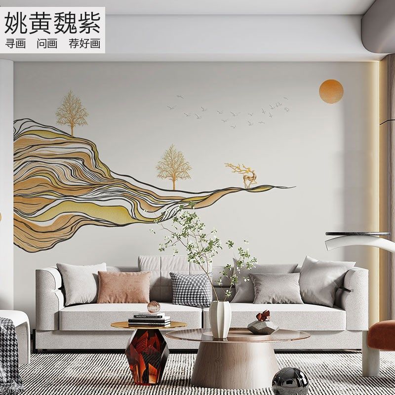 简单的刺绣壁画金色沙发背景墙现代抽象浅灰一鹿发财电脑绣花定制