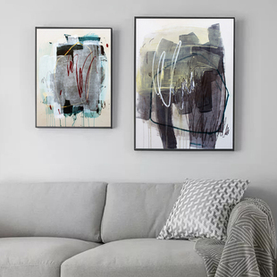现代简约装饰画客厅沙发背景墙挂画抽象画竖副纯手绘油画三联组合