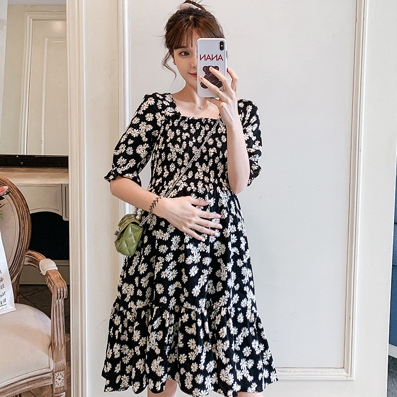 大码孕妇装夏天h裙子时尚款夏装雪纺连衣裙洋气潮妈碎花长裙200斤