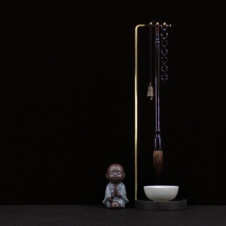 黄铜杆砚石底座笔架毛笔挂墨碟创意摆件挂笔接水毛笔架文房四宝
