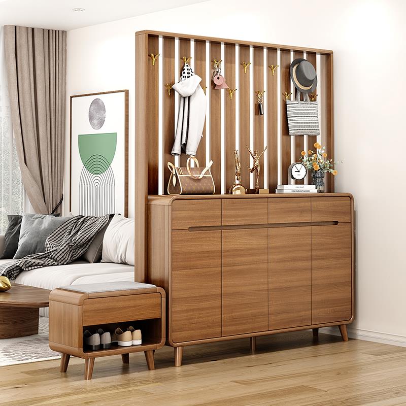 新中式实木框鞋柜家用门口挂衣架一体衣帽架客厅入户隔断柜玄关柜