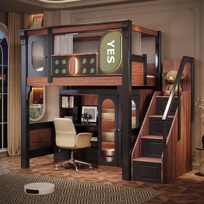 儿童床书桌一体实木中古风上床下桌组合床上床下柜上层床下层书桌