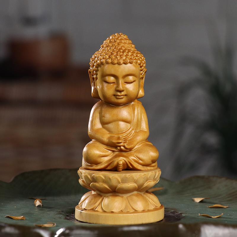 黄杨木摆件佛像释迦牟尼Q版释迦小如来小释迦带莲花底座茶宠把件