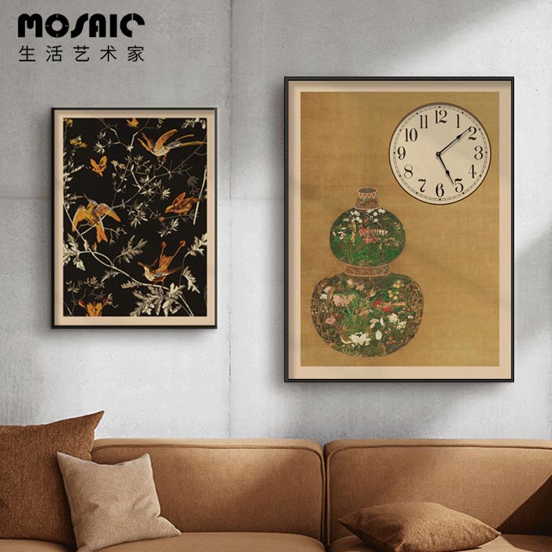 中古风法式混搭平安花瓶金钱豹竖款可遮挡电表箱超静音挂钟装饰画