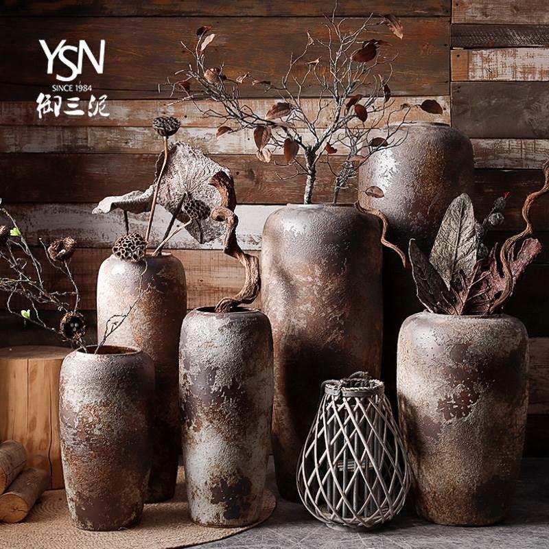 复古陶瓷花瓶客厅插花摆件大号落地陶罐粗陶干花装饰现代土陶花盆
