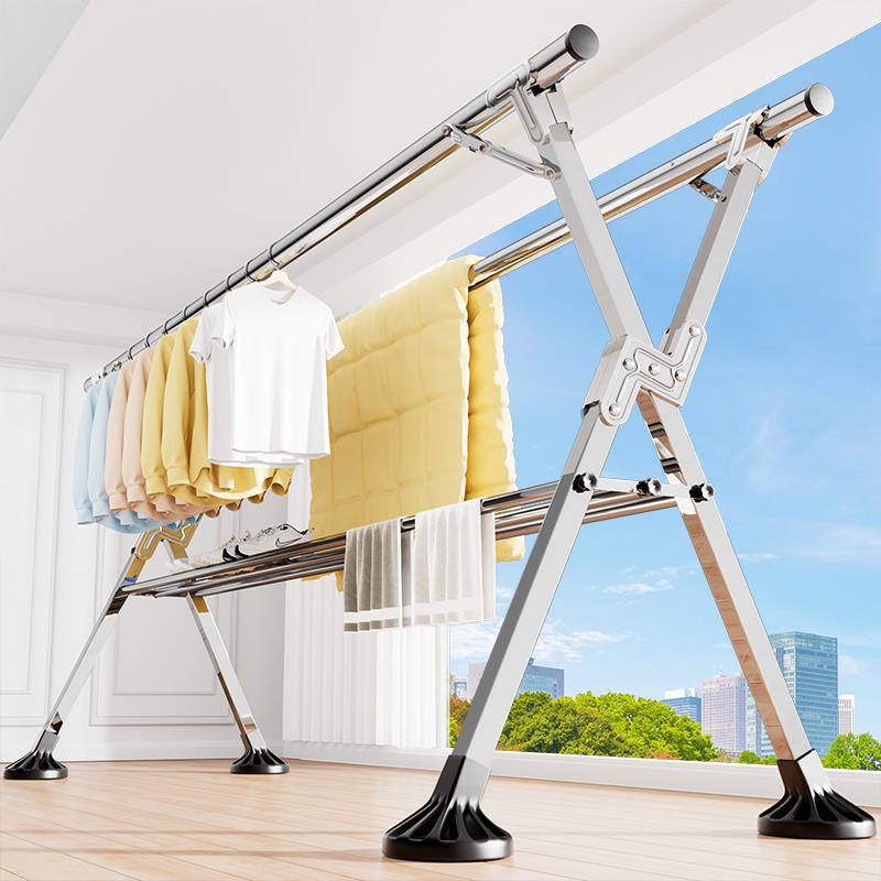 折叠不锈钢落地晾衣架室内家用阳台卧室户外伸缩晾衣杆晒被子神器