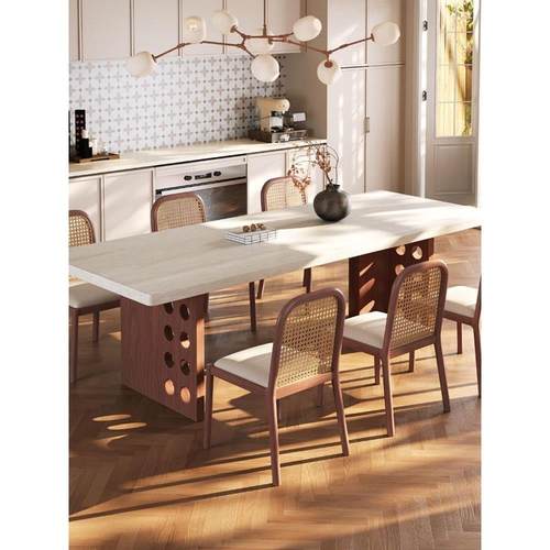 中古风下挂洞石岩板餐桌岛台桌椅开放式厨房家用轻法式实木饭桌子