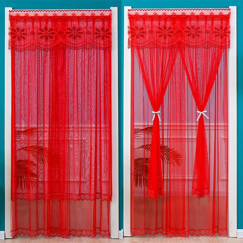 厂家厂家喜庆结婚大红防蚊门帘布艺蕾丝家用隔断帘帘子魔术贴客厅