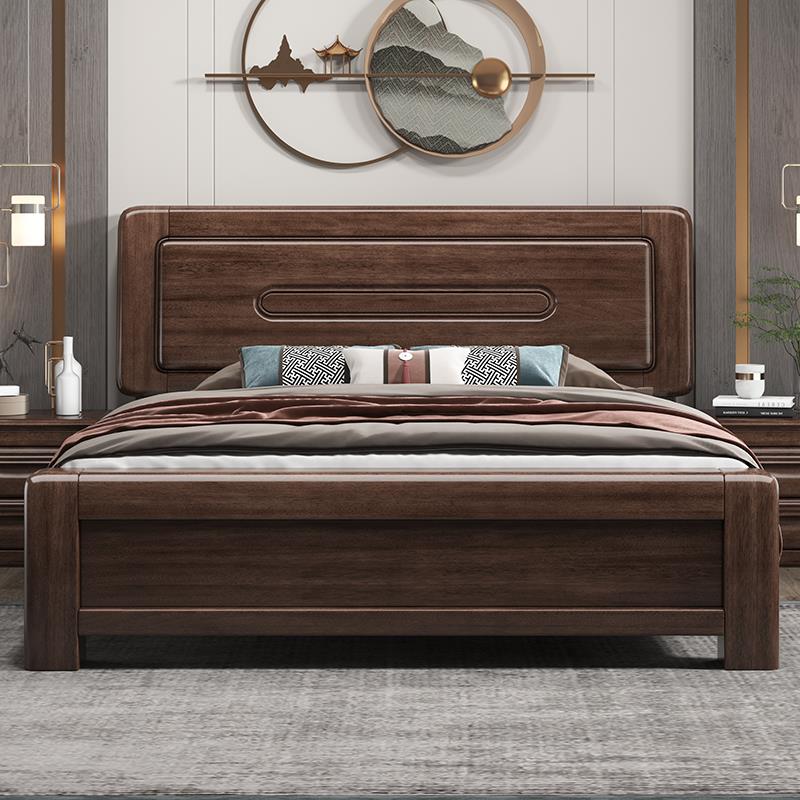 胡桃木现代中式双人床主卧1.8米简约储物加厚实木床2米x2米2大床