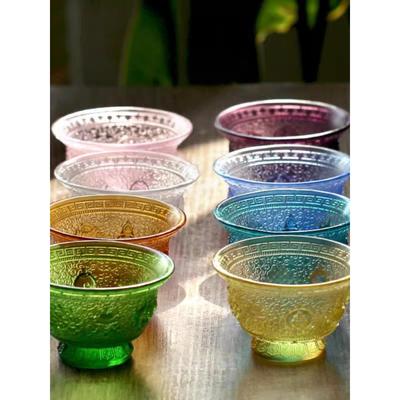 彩彩八吉琉璃碗摆件、家庭佛前圣水杯摆件、佛寺供物、净水杯、供