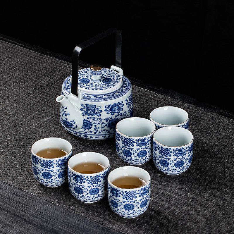 青花瓷八宝连纹家用大容量提梁壶高档陶瓷泡茶壶茶杯整套茶具套组