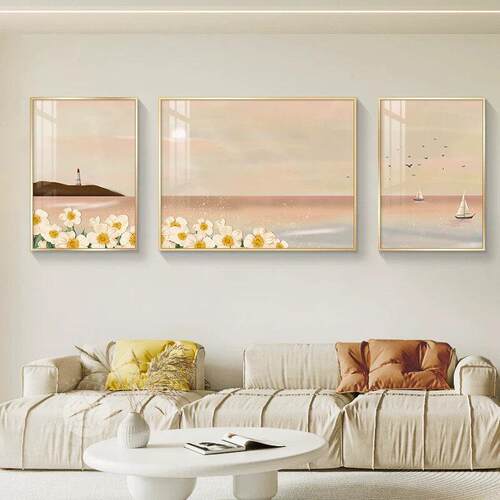 北欧风客厅装饰画唯美花海沙发背景墙挂画现代简约风景三联画壁画