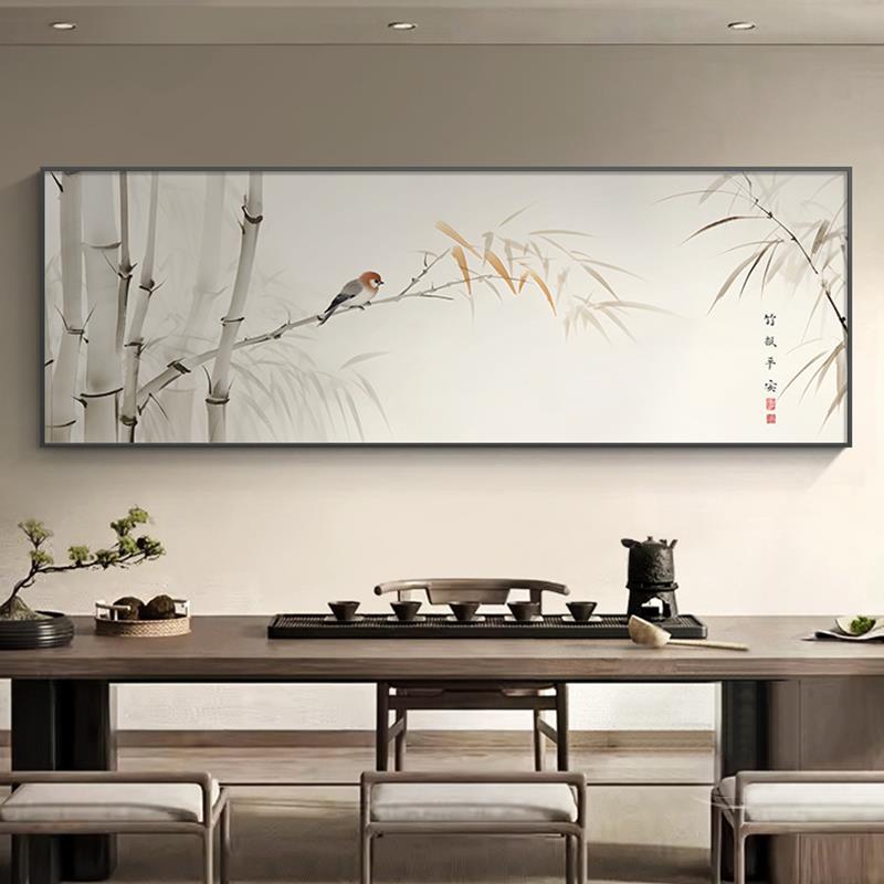 新中式花鸟茶室挂画竹报平安禅意客厅画沙发背景墙装饰画书房壁画