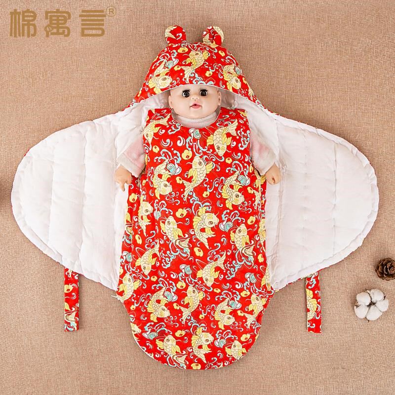 新生婴儿包d被秋冬季纯手工棉花抱被外出加厚款宝宝红色防惊跳睡