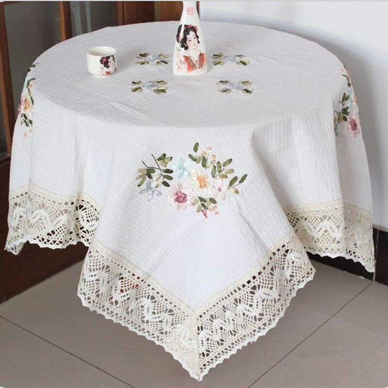 新品纯棉绣花台h布白色全棉餐桌布艺圆桌正长方形茶几简约现代盖