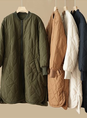 83637 女士棒球领p绗缝棉服 中长版加绒保暖棉衣 防风大外套 女装