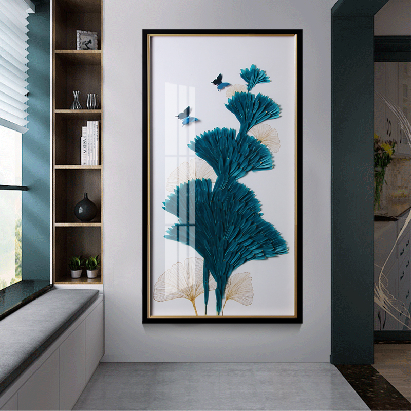 过道卧室玄关实物装饰壁画大气简约现代客厅银杏叶走廊玄关画竖版