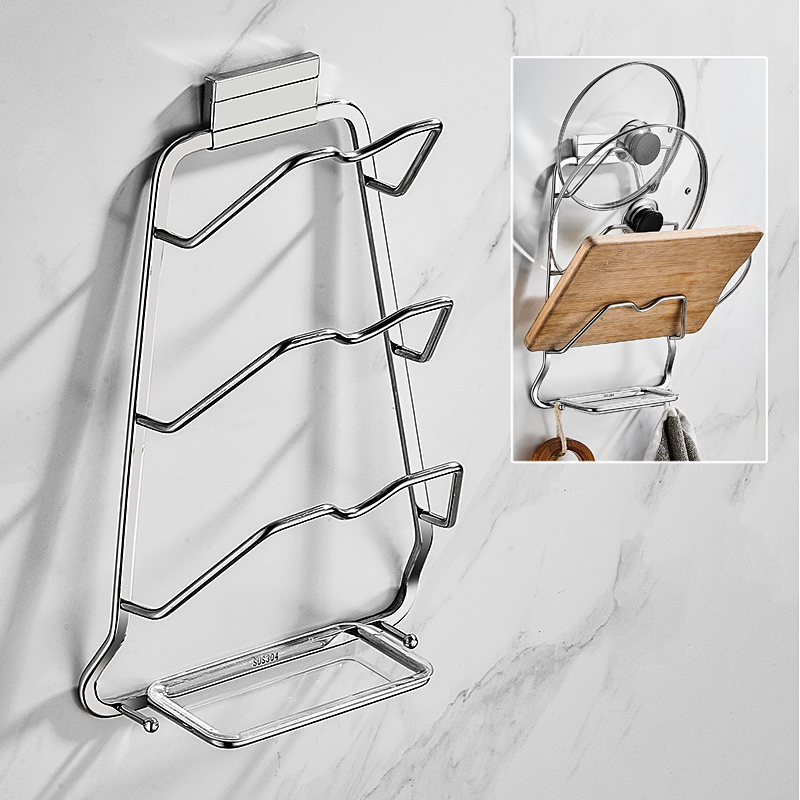 厨房置物架壁挂式可放锅盖神器304不I锈钢免打孔锅盖架菜板收纳架