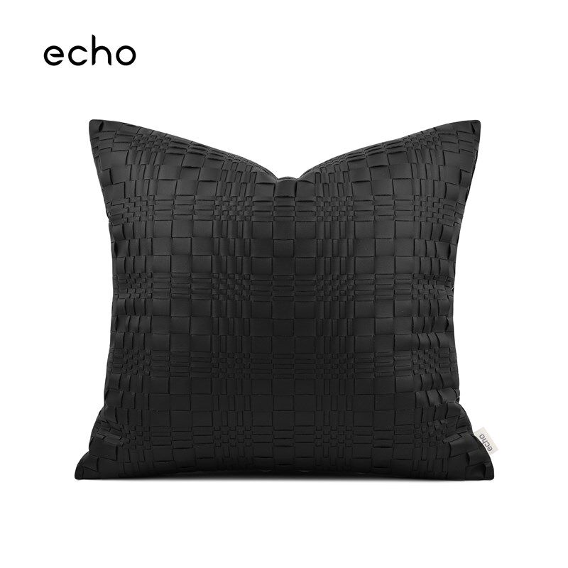回声抱枕沙发客厅轻奢高档黑色y手工编织皮质靠背垫靠枕床头靠垫