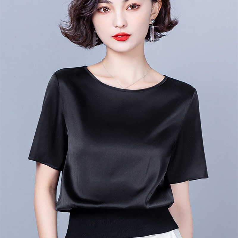醋酸短袖t恤f女冰丝高腰收腰短款卡腰小衫洋气搭配阔腿裤的上衣夏