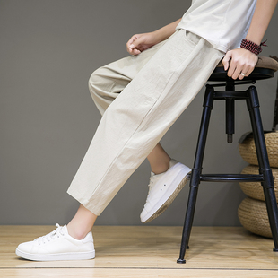 薄款 夏季 宽松直筒裤 中国风九分裤 棉麻八分裤 纯棉8分哈伦裤 男短裤