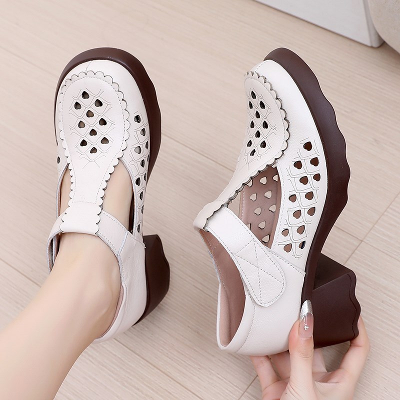 真皮包头凉鞋女夏粗跟镂空女鞋大码洞洞单鞋舒适S软底中年妈妈皮