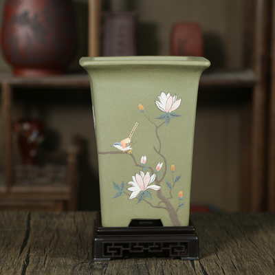 神力紫砂花盆 兰花盆泥绘四方盆景盆悬崖式室内桌面绿植手工花盆