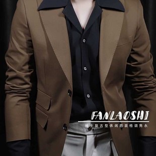 卡其色男士 西服套装 枪驳领单排扣休闲西装 修身 高级感薄款 2024新款
