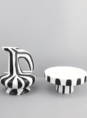 简约创意黑条纹花瓶摆件客厅插花桌面果盘组合家居样板间展厅饰品