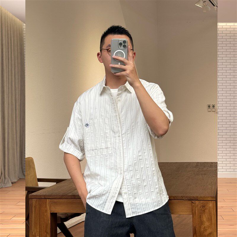 定制麻料条纹中袖衬衫男潮流夏季新款帅气百搭时尚短袖日系五分袖